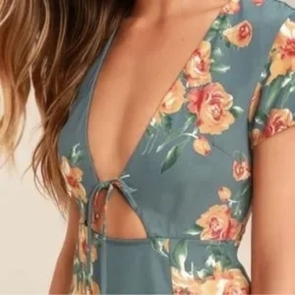 Floral Tie-Front Teal Maxi Dress - Picture 2 of 5